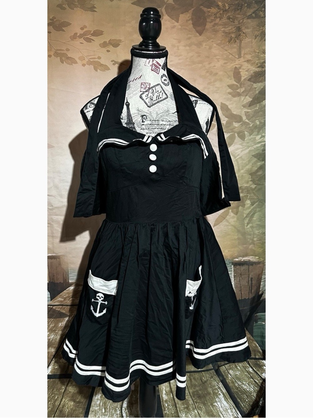 Hellbunny Black Sailor-Inspired Retro Pinup Dress with Skull Anchor Pockets L